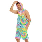 Garden Men's Tie Dye Rave Hooded Shorts Set - Vibrant rainbow tie dye sleeveless hooded top and loose fit matching shorts, perfect for festivals, EDM raves, and pride events. Comfortable and stylish rave outfit for men.