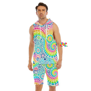 Garden Men's Tie Dye Rave Hooded Shorts Set - Vibrant rainbow tie dye sleeveless hooded top and loose fit matching shorts, perfect for festivals, EDM raves, and pride events. Comfortable and stylish rave outfit for men.