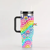 Colorful Garden Rave 40 oz Tumbler with handle, featuring a leak-proof silicone lid, reusable straw, and durable stainless steel construction. Perfect gifts for ravers to carry at festivals, and staying hydrated on the go.