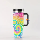 Colorful Garden Rave 40 oz Tumbler with handle, featuring a leak-proof silicone lid, reusable straw, and durable stainless steel construction. Perfect gifts for ravers to carry at festivals, and staying hydrated on the go.