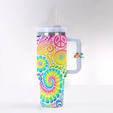 Colorful Garden Rave 40 oz Tumbler with handle, featuring a leak-proof silicone lid, reusable straw, and durable stainless steel construction. Perfect gifts for ravers to carry at festivals, and staying hydrated on the go.