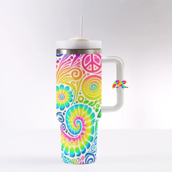 Colorful Garden Rave 40 oz Tumbler with handle, featuring a leak-proof silicone lid, reusable straw, and durable stainless steel construction. Perfect gifts for ravers to carry at festivals, and staying hydrated on the go.