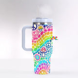 Colorful Garden Rave 40 oz Tumbler with handle, featuring a leak-proof silicone lid, reusable straw, and durable stainless steel construction. Perfect gifts for ravers to carry at festivals, and staying hydrated on the go.