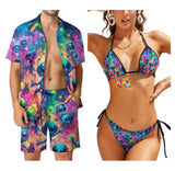 matching couples rave outfits, alien pattern, swimwear for festivals and couples