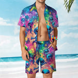 Groove Fest Men's Rave Swim Shorts Set from Prism Raves, featuring a button-up shirt, loose fit shorts, and a colorful alien pattern, perfect for EDM festivals and rave events.