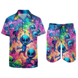 Groove Fest Men's Rave Swim Shorts Set from Prism Raves, featuring a button-up shirt, loose fit shorts, and a colorful alien pattern, perfect for EDM festivals and rave events.