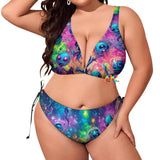 Groove Fest Plus Size Rave Bikini available on Prism Raves. This swimsuit features a colorful and stylish design with wide straps, a low waist triangle top, adjustable neck and back ties, and side-tie swim trunks, specifically tailored for plus-size bodies to ensure comfort and a perfect fit during rave and festival activities.