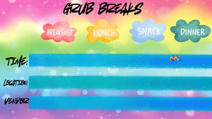 Grub Breaks Rave Festival and Concert Digital Download, a customizable tool for planning food breaks and meet-ups, helping rave crews stay organized and fueled during festivals.