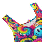 "Happy Daze Psychedelic Rave Yoga Shorts Set - High waist, stretchy, and comfortable yoga shorts with sleeveless matching crop top for festivals, EDM events, and yoga sessions. Vibrant, colorful design perfect for showing off your unique rave style