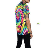 Unisex Happy Vibes Baseball Jersey in vibrant colors, featuring a bold 'Happy Vibes' print across the chest, rainbow stripes on the sleeves, and a lightweight, breathable fabric perfect for festivals, raves, and showing off your pride and PLUR spirit.