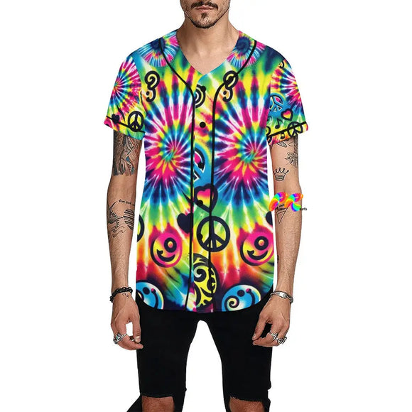 Unisex Happy Vibes Baseball Jersey in vibrant colors, featuring a bold 'Happy Vibes' print across the chest, rainbow stripes on the sleeves, and a lightweight, breathable fabric perfect for festivals, raves, and showing off your pride and PLUR spirit.