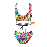 Colorful Happy Vibes Criss-Cross Rave Bikini featuring a vibrant, eye-catching design with a unique criss-cross back, perfect for standing out at any festival or rave event - available at Prism Raves.