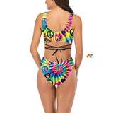 Colorful Happy Vibes Criss-Cross Rave Bikini featuring a vibrant, eye-catching design with a unique criss-cross back, perfect for standing out at any festival or rave event - available at Prism Raves.