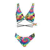 Colorful Happy Vibes Criss-Cross Rave Bikini featuring a vibrant, eye-catching design with a unique criss-cross back, perfect for standing out at any festival or rave event - available at Prism Raves.