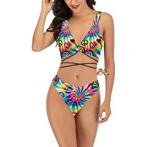 Colorful Happy Vibes Criss-Cross Rave Bikini featuring a vibrant, eye-catching design with a unique criss-cross back, perfect for standing out at any festival or rave event - available at Prism Raves.