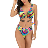 Colorful Happy Vibes Criss-Cross Rave Bikini featuring a vibrant, eye-catching design with a unique criss-cross back, perfect for standing out at any festival or rave event - available at Prism Raves.