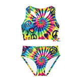 Happy Vibes Girls Two-Piece Swimsuit - Colorful and playful tie-dye design perfect for summer festivals and poolside fun. This swimsuit features vibrant patterns and a comfortable fit, ideal for girls who love to express joy and positivity through their festival and beachwear.