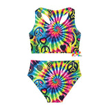 Happy Vibes Girls Two-Piece Swimsuit - Colorful and playful tie-dye design perfect for summer festivals and poolside fun. This swimsuit features vibrant patterns and a comfortable fit, ideal for girls who love to express joy and positivity through their festival and beachwear.