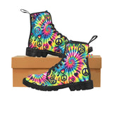 Durable and eye-catching Happy Vibes Men's Rave Boots from Prism Raves, showcasing a vibrant, multicolored pattern with secure lace-up closure, comfortable fit, and sturdy sole for lasting festival wear and dance floor endurance.