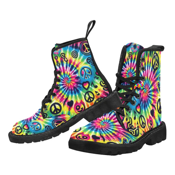 Durable and eye-catching Happy Vibes Men's Rave Boots from Prism Raves, showcasing a vibrant, multicolored pattern with secure lace-up closure, comfortable fit, and sturdy sole for lasting festival wear and dance floor endurance.
