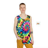 Eye-catching Happy Vibes Men's Rave Tank Top from Prism Raves, featuring a bold, multicolored design that embodies the electric energy of rave culture. Crafted from soft and breathable fabric for maximum comfort and mobility, this tank top is ideal for dancing at festivals, casual outings, or workout sessions, ensuring you stand out with its unique, vibrant pattern.