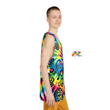 Eye-catching Happy Vibes Men's Rave Tank Top from Prism Raves, featuring a bold, multicolored design that embodies the electric energy of rave culture. Crafted from soft and breathable fabric for maximum comfort and mobility, this tank top is ideal for dancing at festivals, casual outings, or workout sessions, ensuring you stand out with its unique, vibrant pattern.