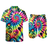 Happy Vibes Men's Rave Two-Piece Outfit - A vibrant, psychedelic print two-piece set perfect for men to wear at EDM festivals or as a stylish swim outfit. Features a top and matching shorts designed for comfort, freedom, and expressing joy at raves and festivals.