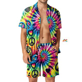 Happy Vibes Men's Rave Two-Piece Outfit - A vibrant, psychedelic print two-piece set perfect for men to wear at EDM festivals or as a stylish swim outfit. Features a top and matching shorts designed for comfort, freedom, and expressing joy at raves and festivals.