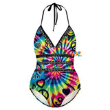 Colorful Happy Vibes Plus Size Rave One-Piece Swimsuit, perfect for festival wear and rave swimwear, highlighting its flattering design.