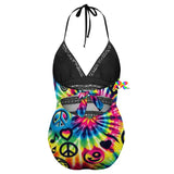 Colorful Happy Vibes Plus Size Rave One-Piece Swimsuit, perfect for festival wear and rave swimwear, highlighting its flattering design.