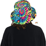 Prism Raves' Happy Vibes Rave Bucket Hat, showcasing a vibrant, psychedelic design with a mix of neon colors, ideal for festival-goers and EDM enthusiasts. This durable and comfortable hat is designed to keep you cool and stylish under the festival sun or during any outdoor rave event.