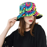 Prism Raves' Happy Vibes Rave Bucket Hat, showcasing a vibrant, psychedelic design with a mix of neon colors, ideal for festival-goers and EDM enthusiasts. This durable and comfortable hat is designed to keep you cool and stylish under the festival sun or during any outdoor rave event.