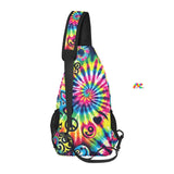 Vibrant Happy Vibes Rave Chest Bag from Prism Raves, featuring a secure, adjustable strap for a perfect fit, multiple compartments for organized storage, and a bold, colorful design ideal for festival goers.