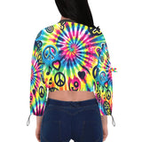 Flowy and fashionable Happy Vibes Rave Chiffon Cropped Jacket from Prism Raves, showcasing a vivid, colorful pattern on a sheer fabric that enhances any festival attire with its breezy, cropped silhouette and adds a playful, stylish layer to your rave-ready look.