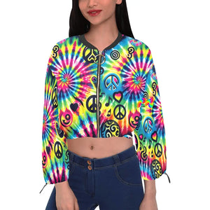 Flowy and fashionable Happy Vibes Rave Chiffon Cropped Jacket from Prism Raves, showcasing a vivid, colorful pattern on a sheer fabric that enhances any festival attire with its breezy, cropped silhouette and adds a playful, stylish layer to your rave-ready look.