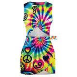 Happy Vibes Rave Cut-Out Dress with Side Cutouts and Wrap-Around Skirt - A Perfect Summer Rave and Festival Dress for Women, Featuring a Crew Neck and Sleeveless Design.