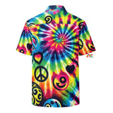 Happy Vibes Rave Hawaiian Shirt - A vibrant, festival-ready Hawaiian shirt featuring a kaleidoscope of colors, perfect for any rave or summer event. Made from eco-friendly recycled polyester blend, it's lightweight, breathable, and offers UPF50+ sun protection.