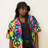 Happy Vibes Rave Hawaiian Shirt - A vibrant, festival-ready Hawaiian shirt featuring a kaleidoscope of colors, perfect for any rave or summer event. Made from eco-friendly recycled polyester blend, it's lightweight, breathable, and offers UPF50+ sun protection.