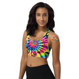 Happy Vibes Rave Longline Sports Bra - A vibrant, energy-packed sports bra featuring a colorful rave-inspired design. Offers extended coverage, moisture-wicking comfort, and flexible support for festival-goers and fitness enthusiasts alike.