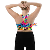 Happy Vibes Rave Longline Sports Bra - A vibrant, energy-packed sports bra featuring a colorful rave-inspired design. Offers extended coverage, moisture-wicking comfort, and flexible support for festival-goers and fitness enthusiasts alike.