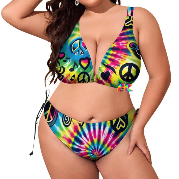 Happy Vibes Plus Size Rave Bikini, featuring adjustable straps for a perfect fit, designed for stylish and comfortable festival wear at Prism Raves.