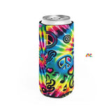 Colorful Happy Vibes Rave Slim Can Cooler from Prism Raves, designed to keep slim cans chilled with a vibrant, festival-inspired pattern for the ultimate rave accessory.
