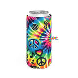 Colorful Happy Vibes Rave Slim Can Cooler from Prism Raves, designed to keep slim cans chilled with a vibrant, festival-inspired pattern for the ultimate rave accessory.