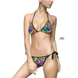 Eye-catching Happy Vibes Rave String Bikini from Prism Raves, featuring a vivid, multicolored pattern ideal for festival fashion. Adjustable neck, back, and side ties ensure a customizable and secure fit, crafted from soft, durable fabric for comfort and resilience in any rave or beach setting.