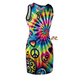 Eye-catching and form-fitting Happy Vibes Rave Tank Dress from Prism Raves, featuring a bold, multicolor pattern that embodies the spirit of the rave scene, crafted for ultimate comfort and movement, ensuring you stand out and stay comfortable throughout any festival