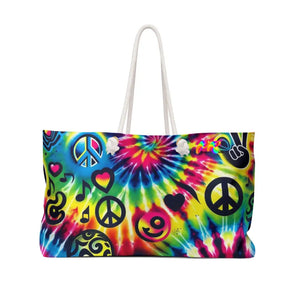 Colorful Prism Raves Happy Vibes Weekender Tote Bag featuring a vibrant, oversized design with thick rope handles for comfortable carry, a roomy interior with stylish cream lining for all your festival essentials, and a durable T-bottom construction, assembled in the USA.