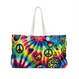 Colorful Prism Raves Happy Vibes Weekender Tote Bag featuring a vibrant, oversized design with thick rope handles for comfortable carry, a roomy interior with stylish cream lining for all your festival essentials, and a durable T-bottom construction, assembled in the USA.