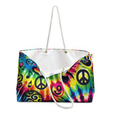 Colorful Prism Raves Happy Vibes Weekender Tote Bag featuring a vibrant, oversized design with thick rope handles for comfortable carry, a roomy interior with stylish cream lining for all your festival essentials, and a durable T-bottom construction, assembled in the USA.