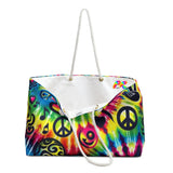 Colorful Prism Raves Happy Vibes Weekender Tote Bag featuring a vibrant, oversized design with thick rope handles for comfortable carry, a roomy interior with stylish cream lining for all your festival essentials, and a durable T-bottom construction, assembled in the USA.