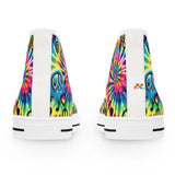 Colorful and vibrant Happy Vibes Rave Women's High Top Sneakers from Prism Raves, featuring a unique pattern perfect for standing out at festivals and expressing your rave spirit through fashion.